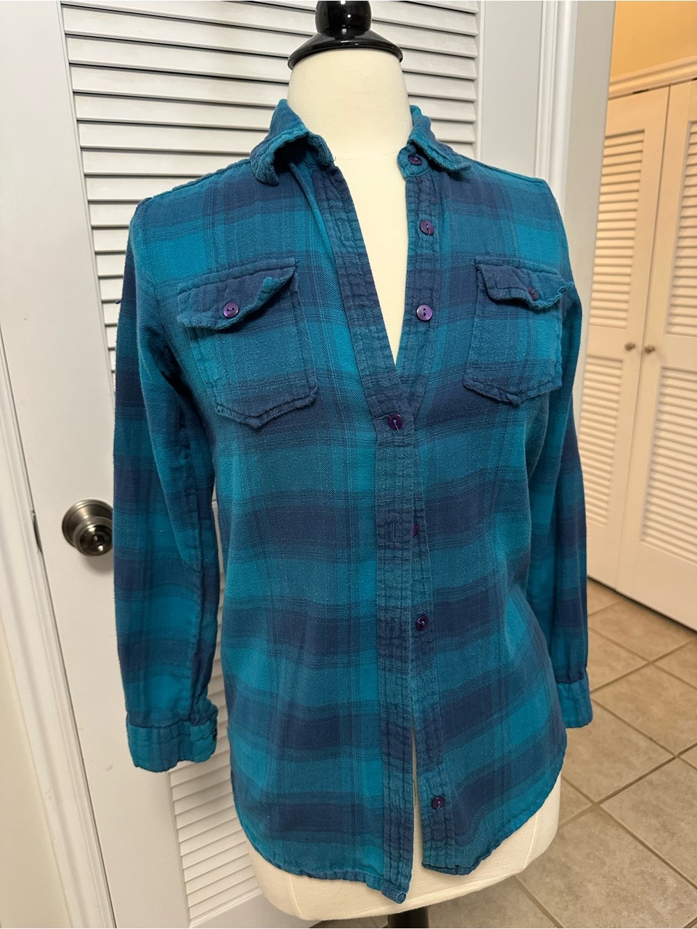 Teal and Navy Plaid Button-Up Shirt